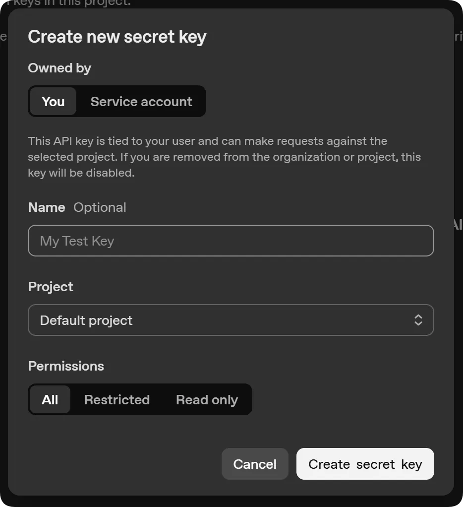 Create new secret key form