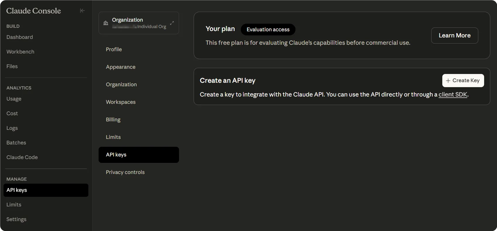 API keys page