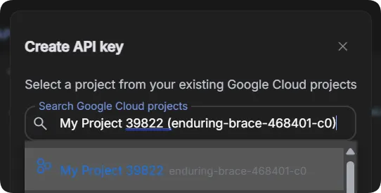 Create API Key - Project Selection