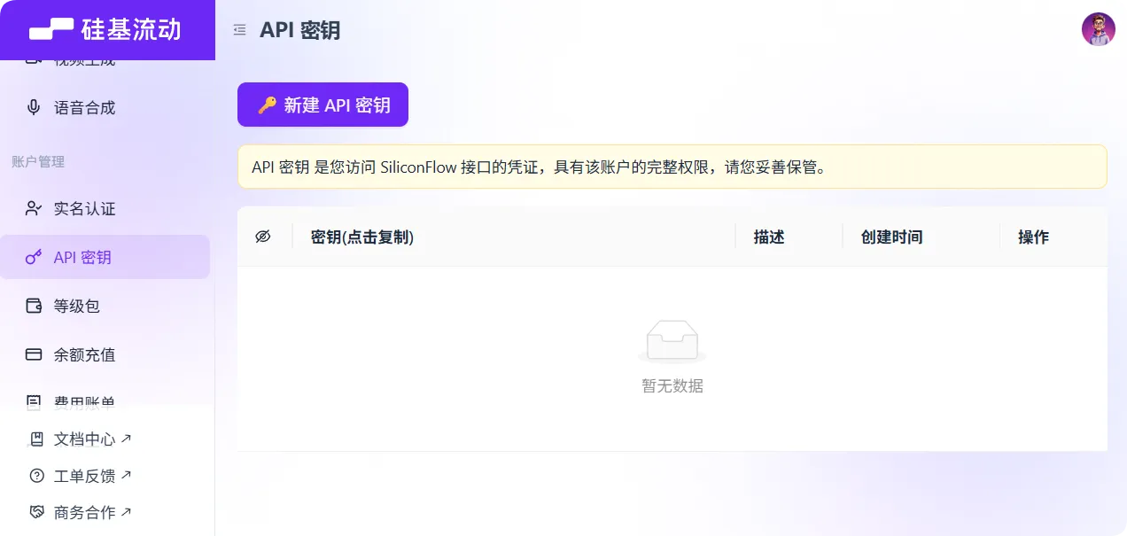 API 密钥页面